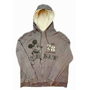 Disney Parks Women's Sz L Mickey Mouse Waffle Hoodie Sweatshirt Full Zip Gray